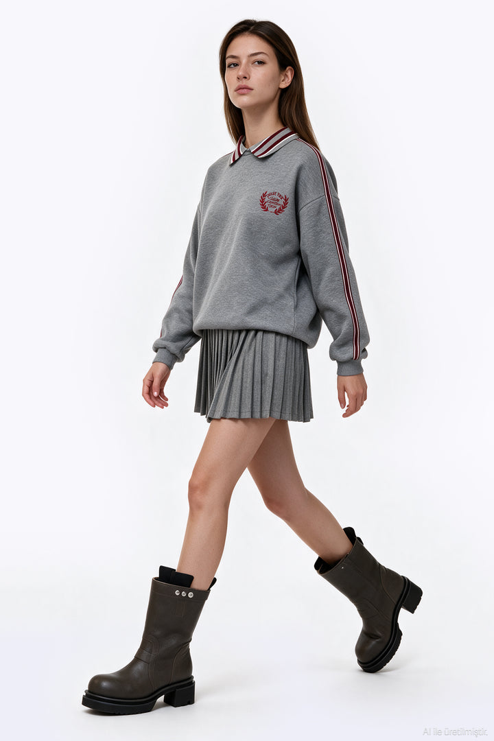 Polo Yaka Nakışlı Oversize Sweatshirt Grimelanj