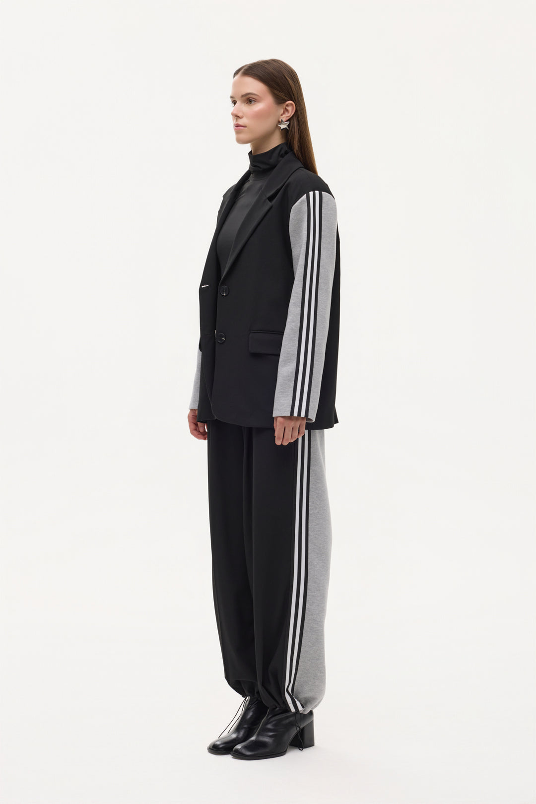 Şerit Detaylı Garnili Oversize Blazer Ceket Siyah