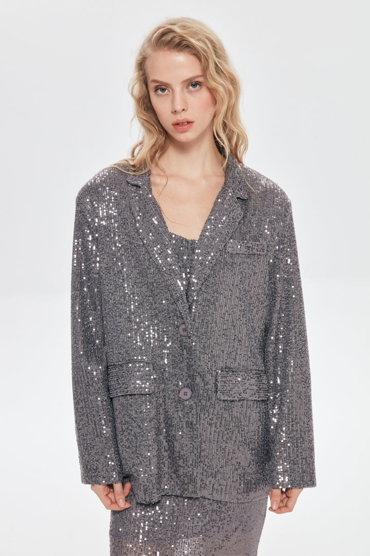 Payet Detaylı Oversize  Blazer Ceket Gri