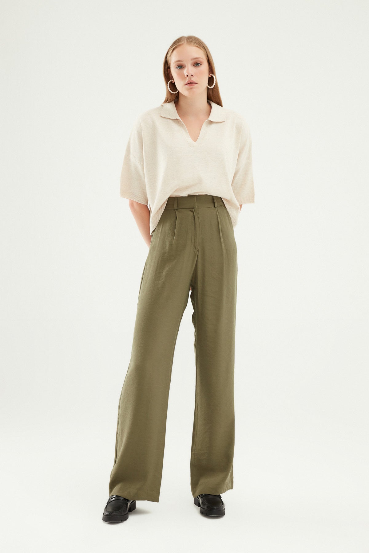 Yüksel Waist Wide Leg Trousers Khaki