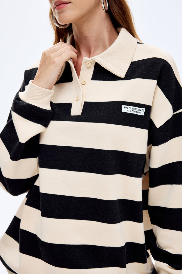 Polo Yaka Çizgili Oversize Sweatshirt Bej