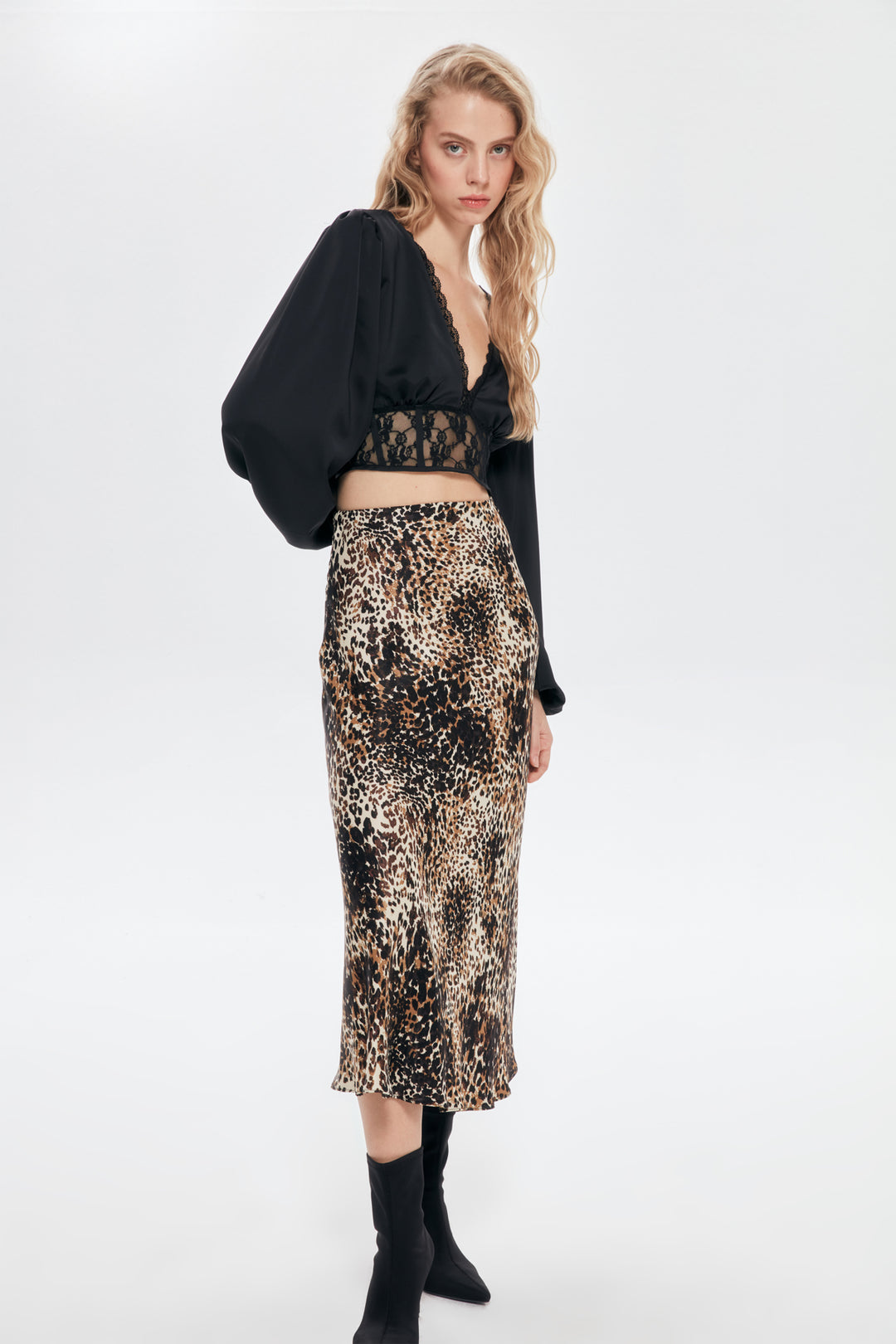 Leopard Pattern Satin Midi Skirt Brown