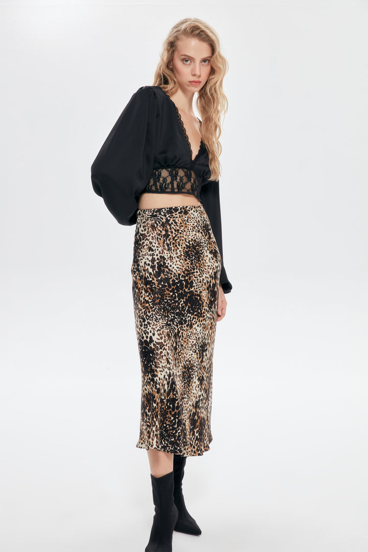 Leopard Pattern Satin Midi Skirt Brown