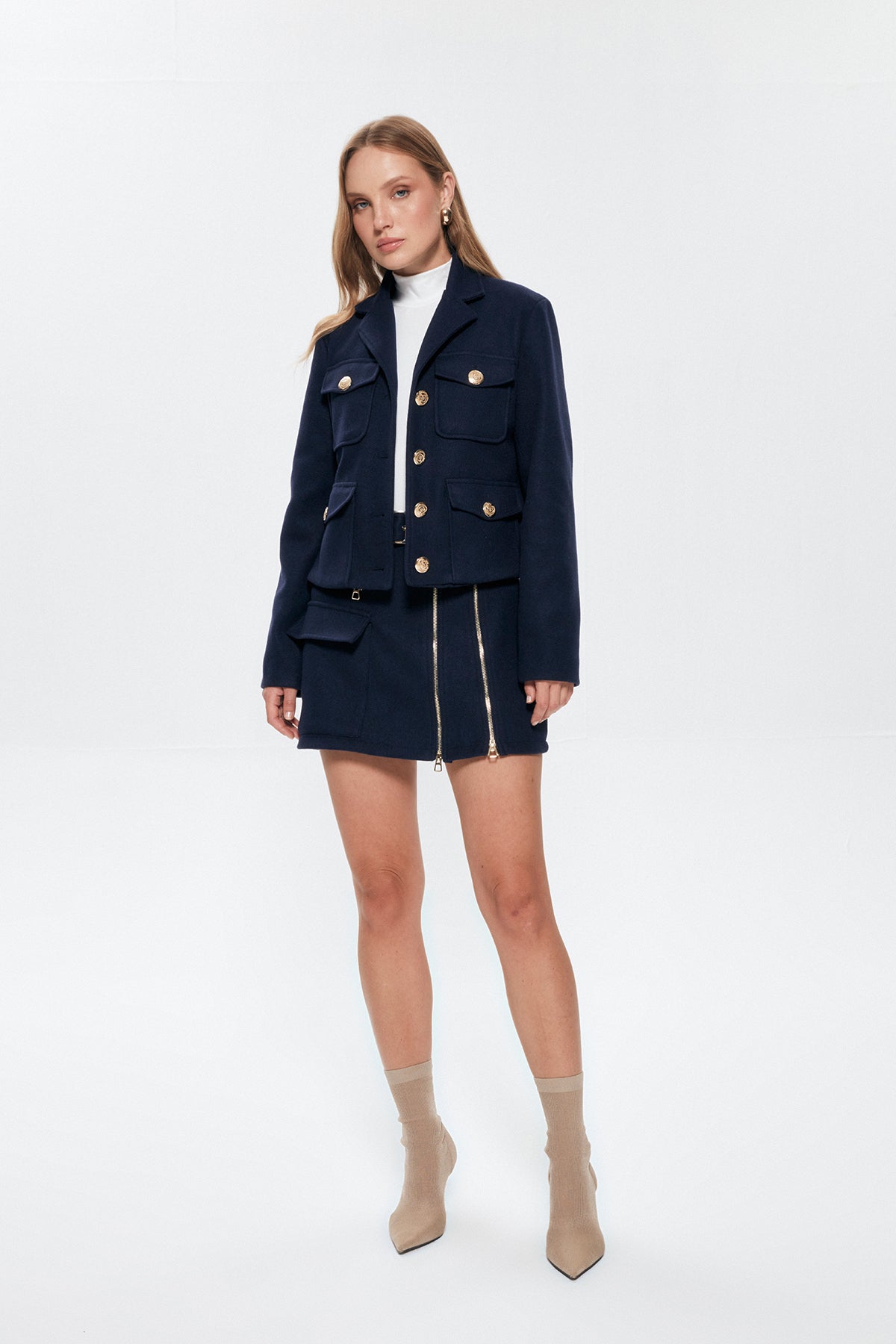 Button Detailed Stitch Jacket Navy Blue