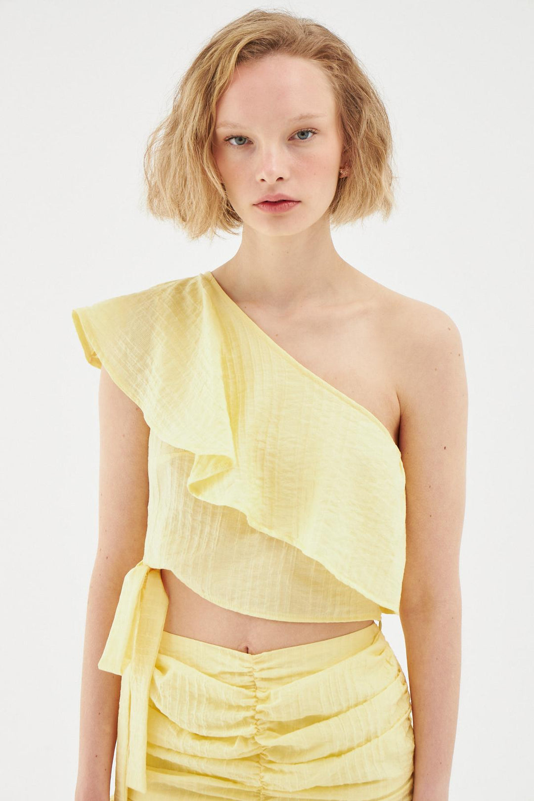 One Shoulder Tie Blouse Yellow
