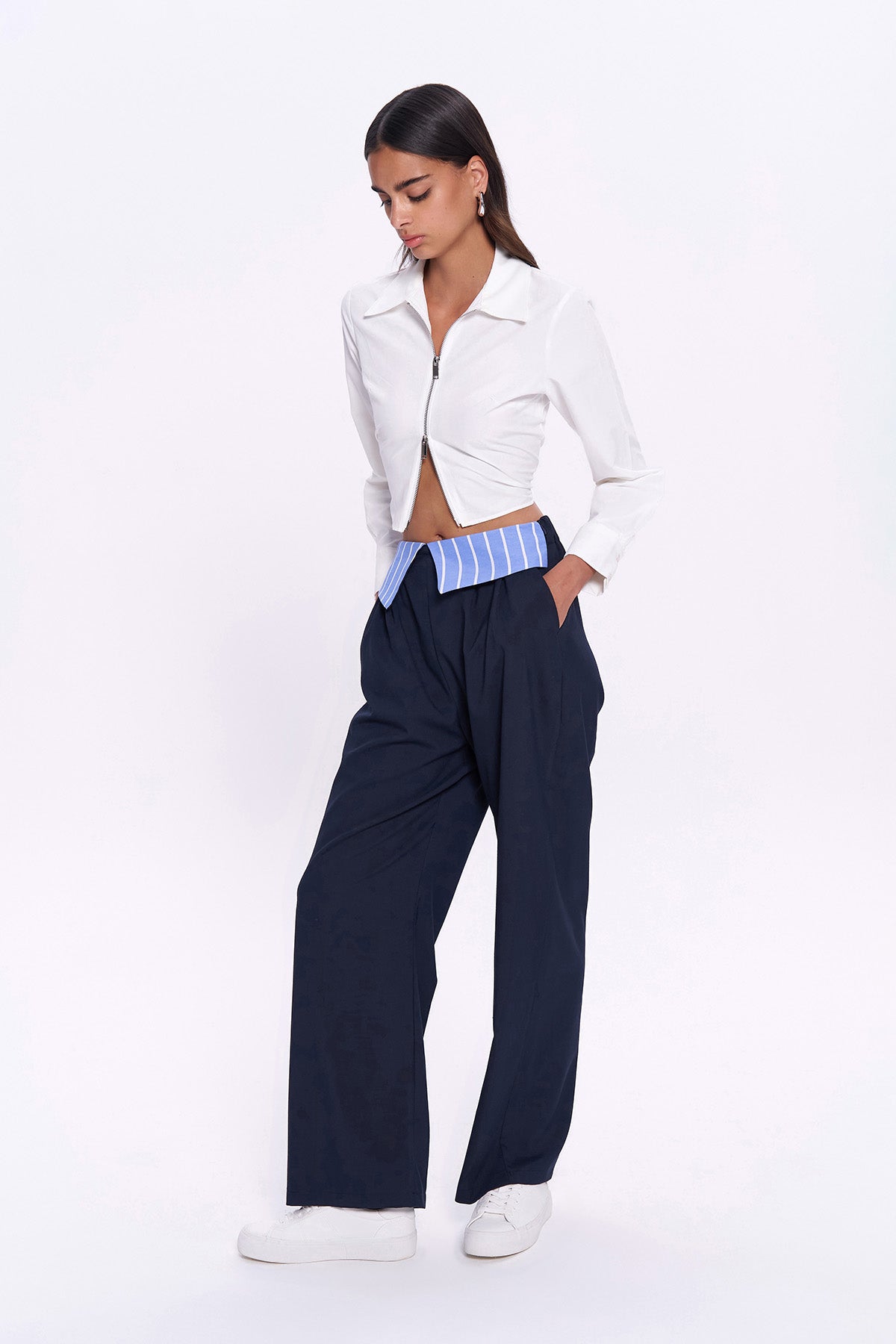 Waist Detailed Wide Leg Fabric Trousers Navy Blue