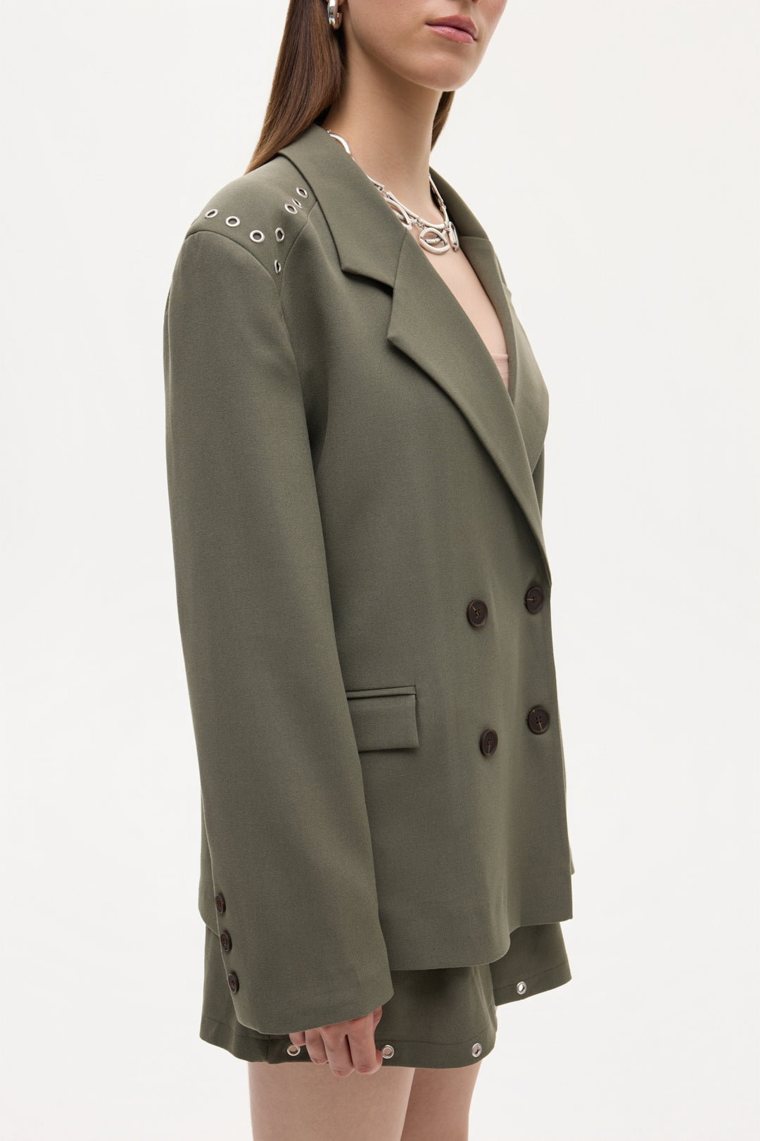Kuş Gözü Detaylı Çift Düğmeli Oversize Blazer Ceket Haki