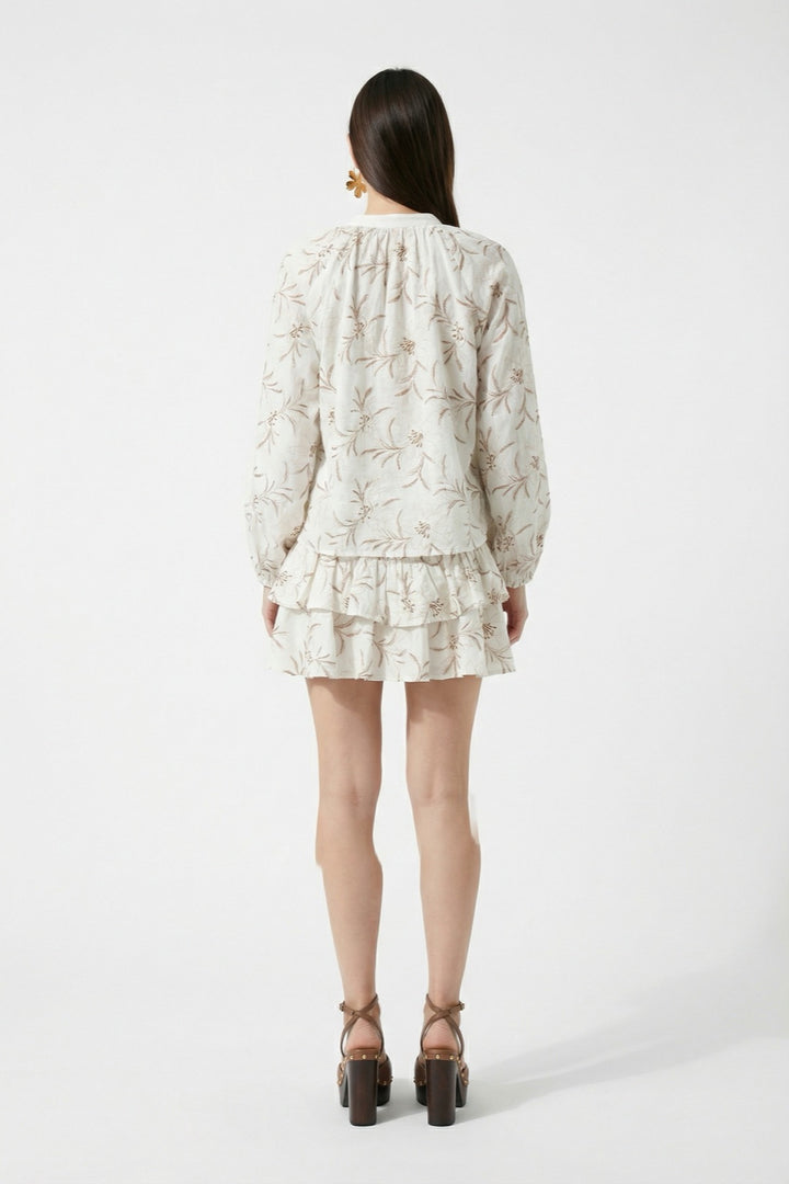 Çiçek Nakışlı Yaka Bağcıklı Gömlek Ekru