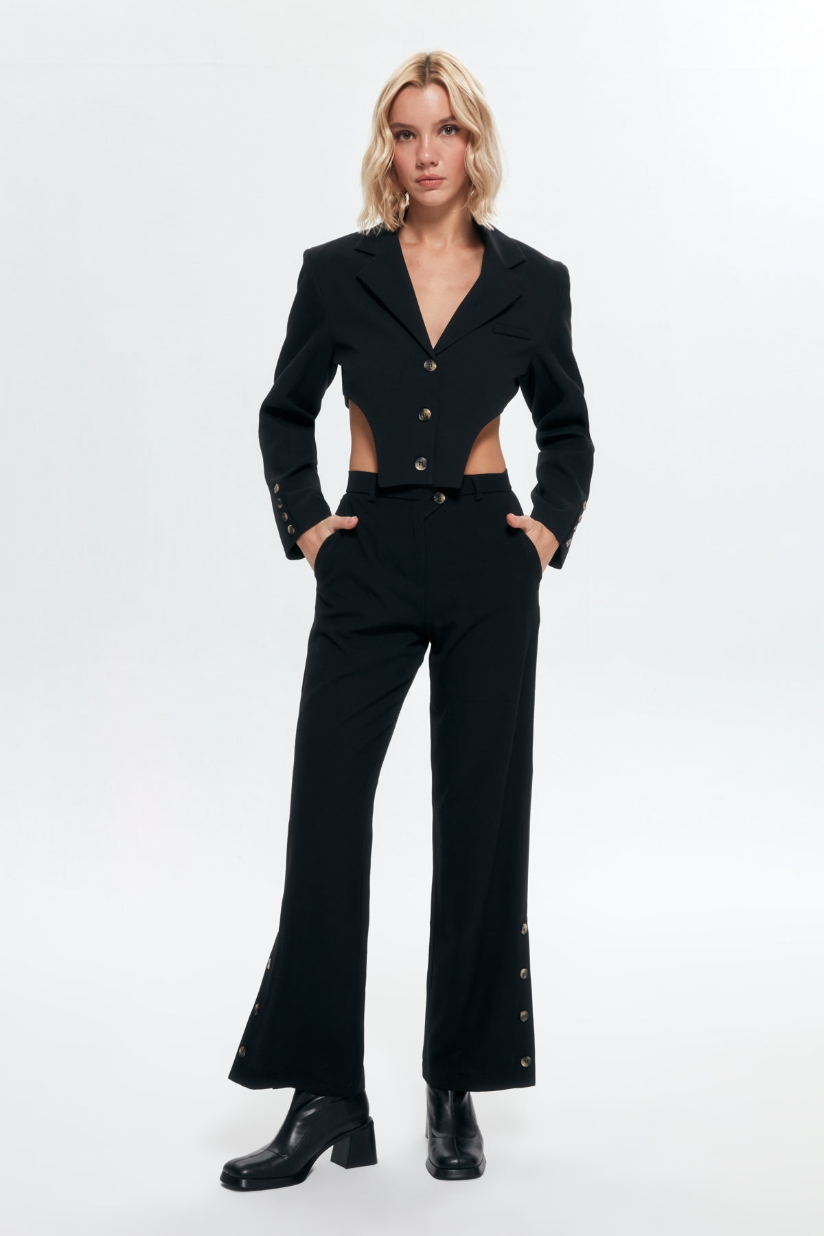 Button Detailed High Waist Trousers Black