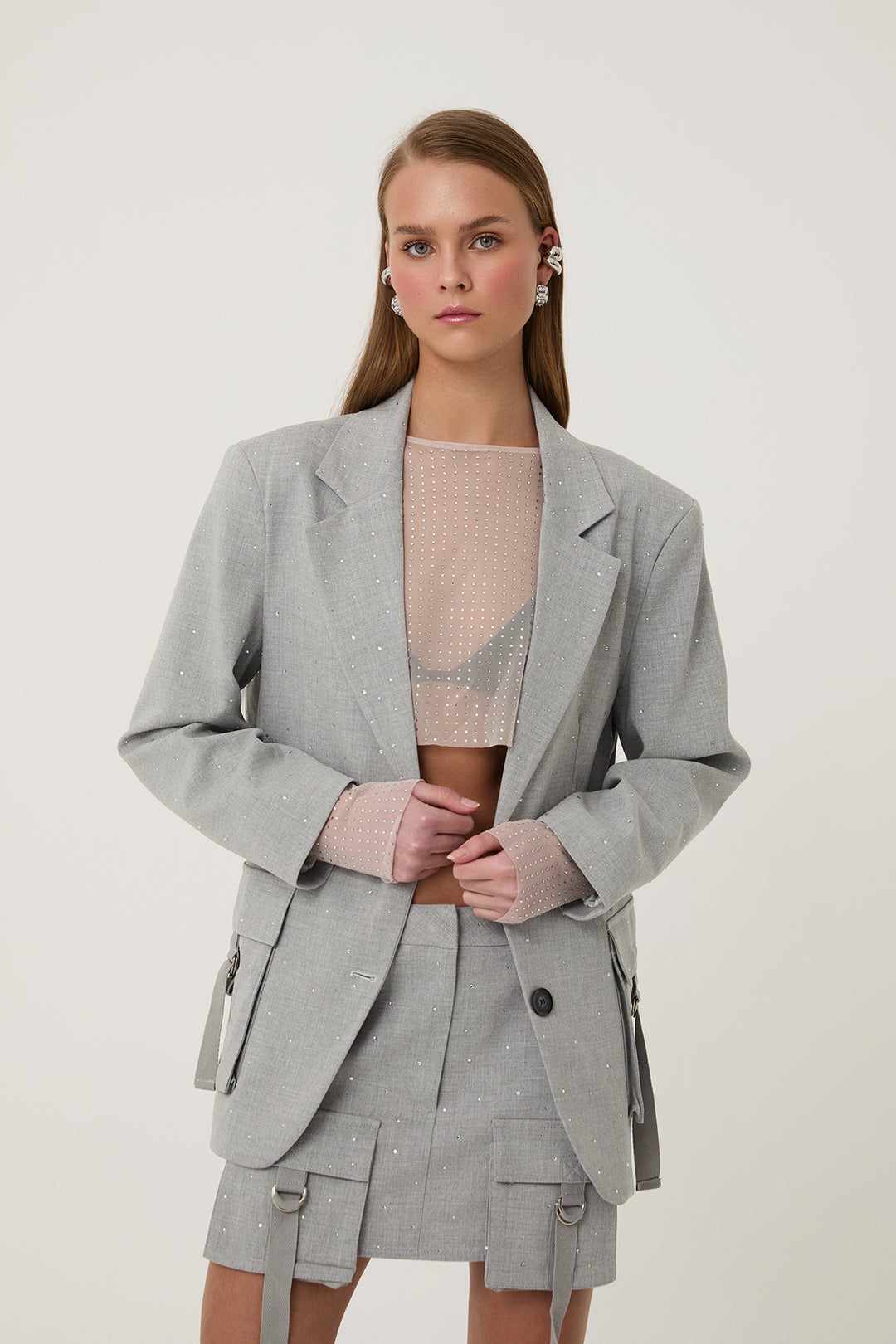 Çizgi Detaylı Astarlı Minik Taşlı Blazer Ceket Açık Gri