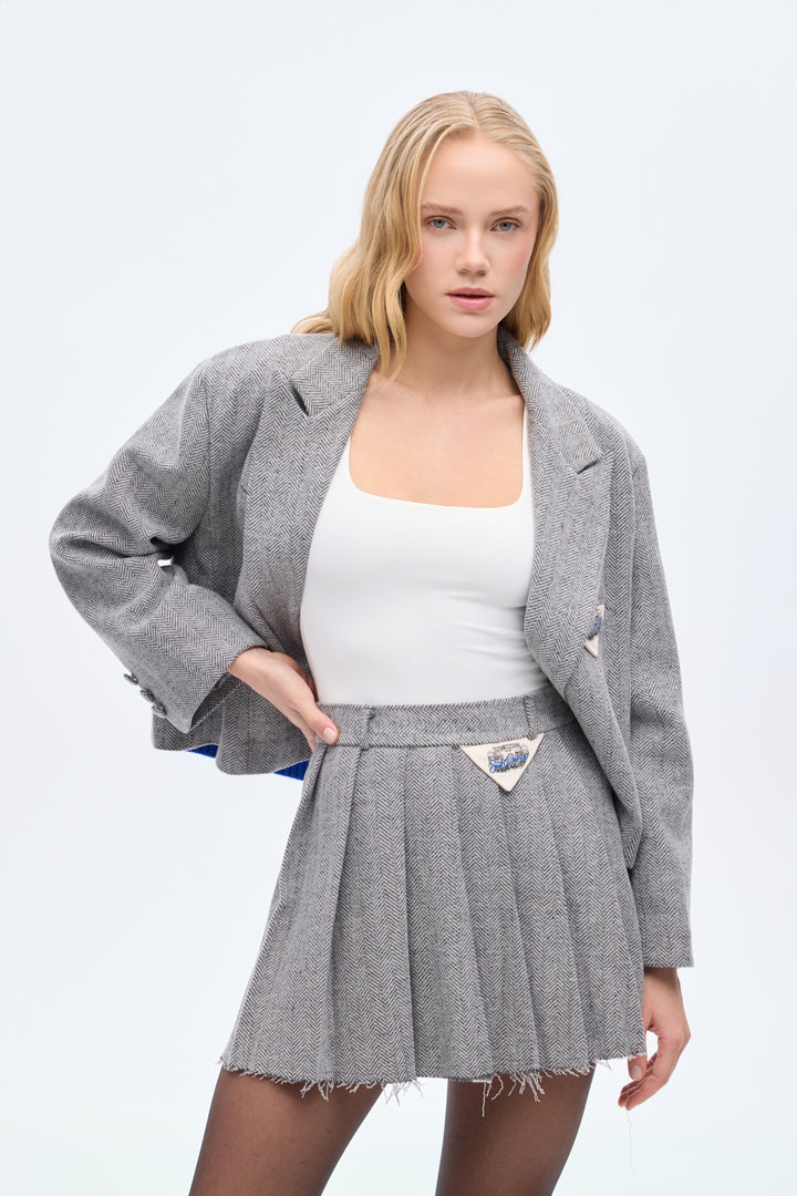 Balıksırtı Piliseli Mini Etek Gri