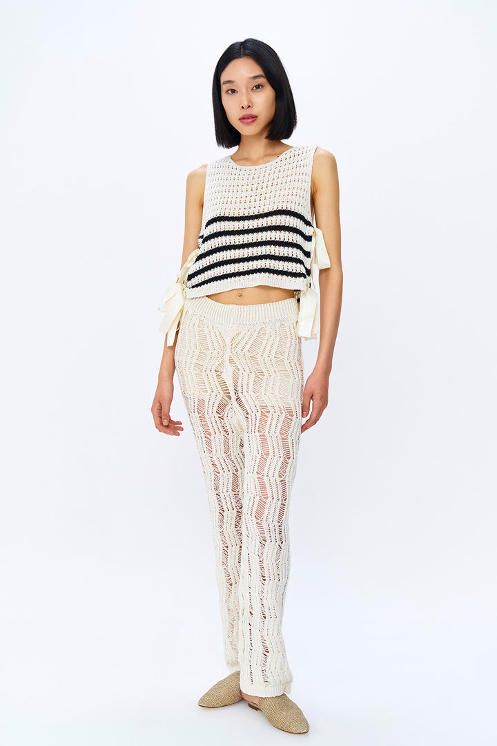 Yanları Bağlama Detaylı Çizgili Triko Krem