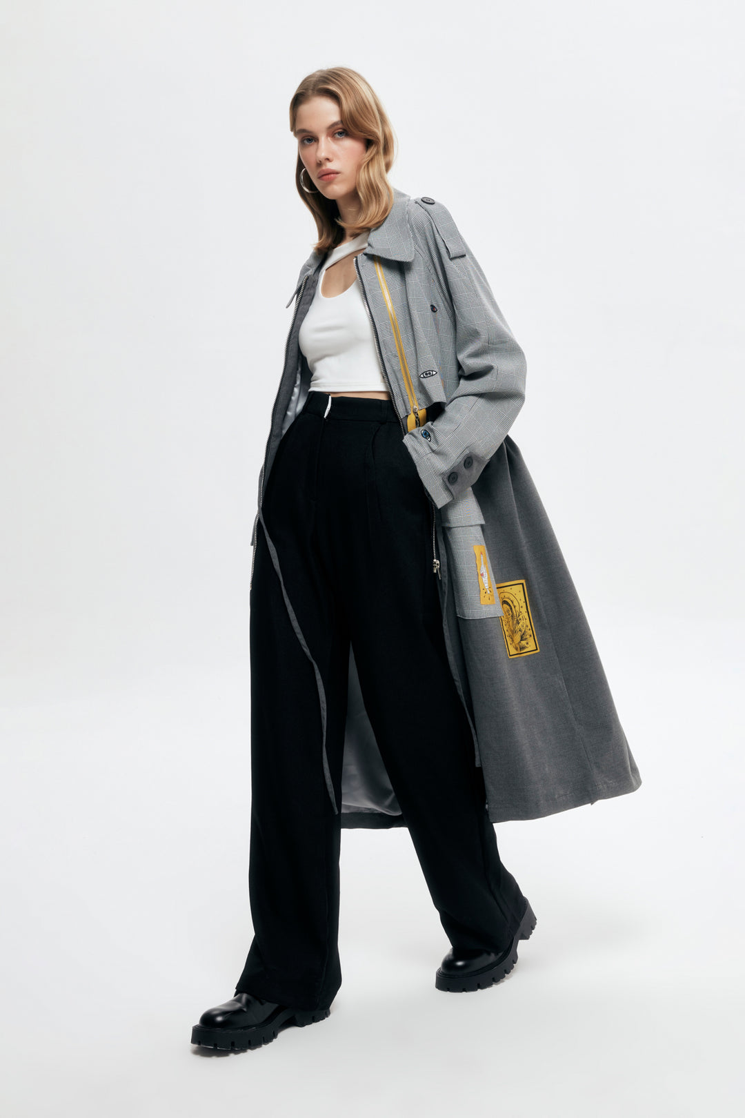 Zipper Detailed Colorful Patterned Trench Coat Gray