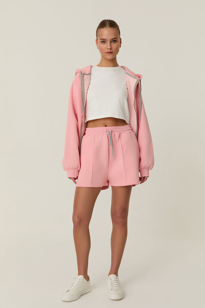 Beli Lastikli Cepli Mini Şort Pembe