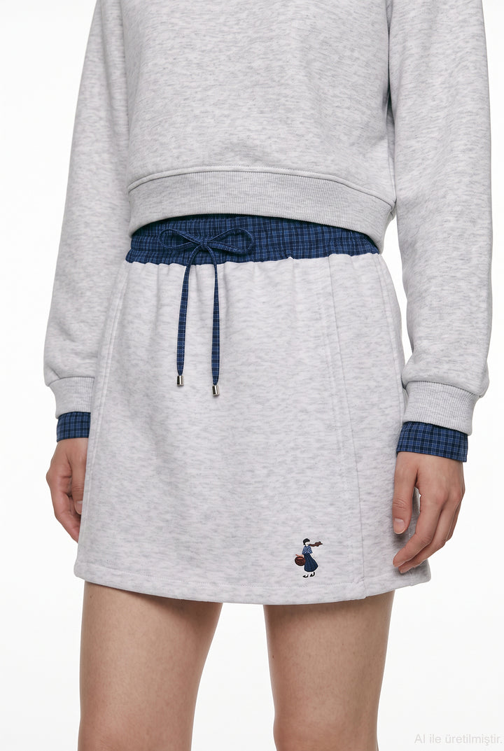 Ekose Bel Bantlı Sweat Mini Etek Karmelanj