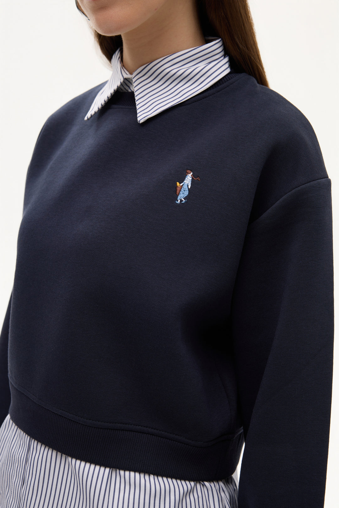 Gömlek Garnili Nakışlı Sweatshirt Lacivert