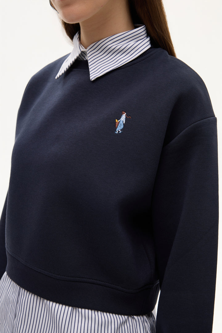 Gömlek Garnili Nakışlı Sweatshirt Lacivert