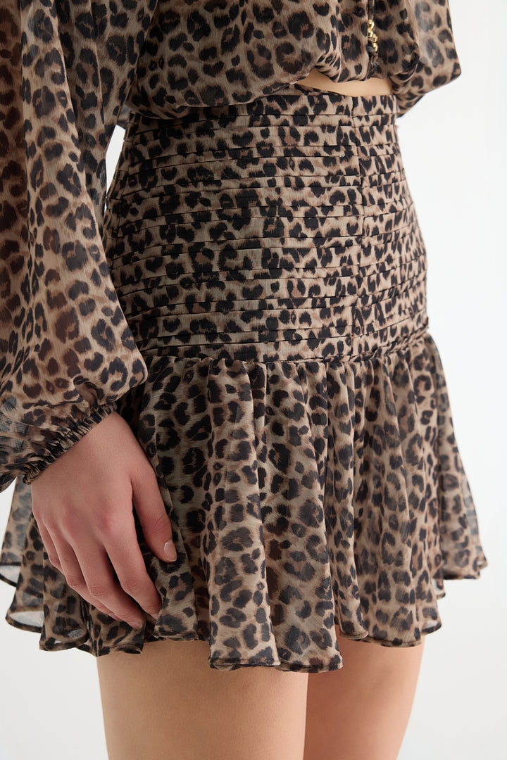 Leopar Desenli Fırfırlı Şifon Mini Etek Kahverengi