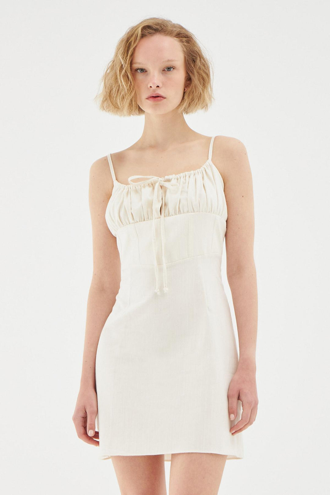 Askılı Balenli Mini Elbise Naturel