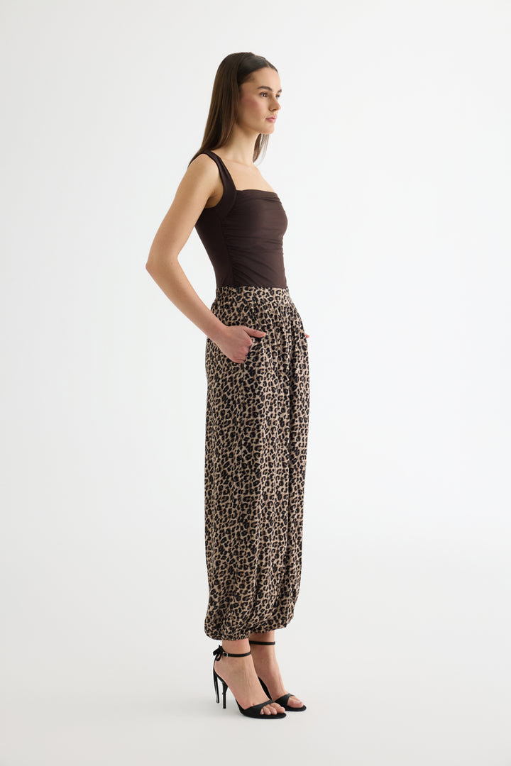 Leopar Desenli Saten Jogger Pantolon Kahverengi