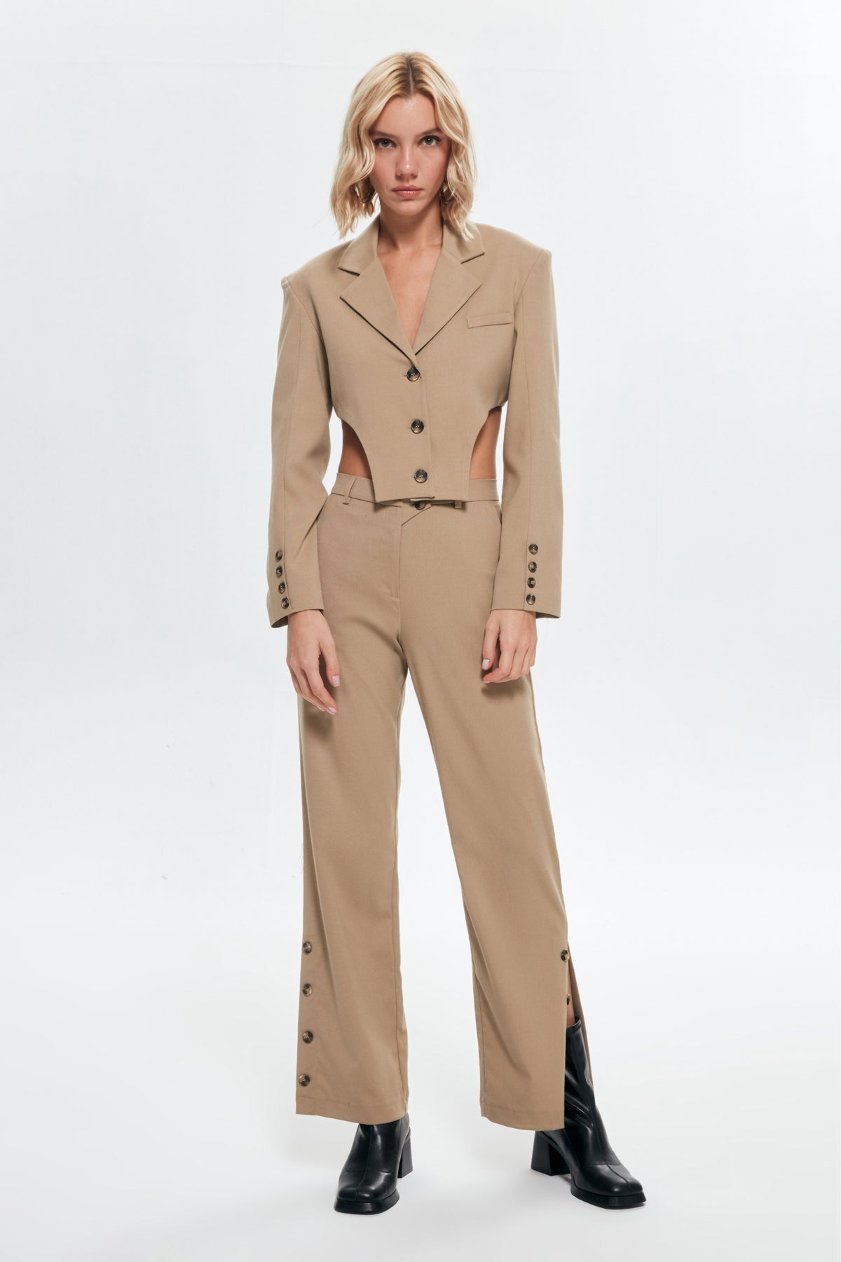 Button Detailed High Waist Trousers Beige