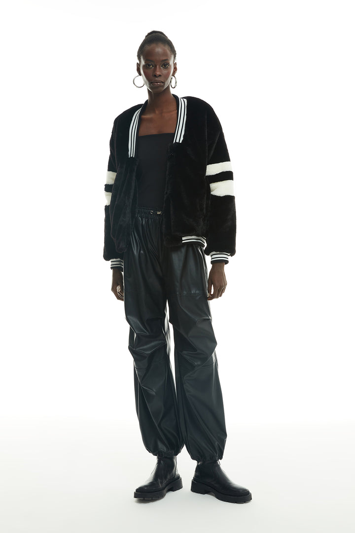 Striped V-Neck Plush Coat Black