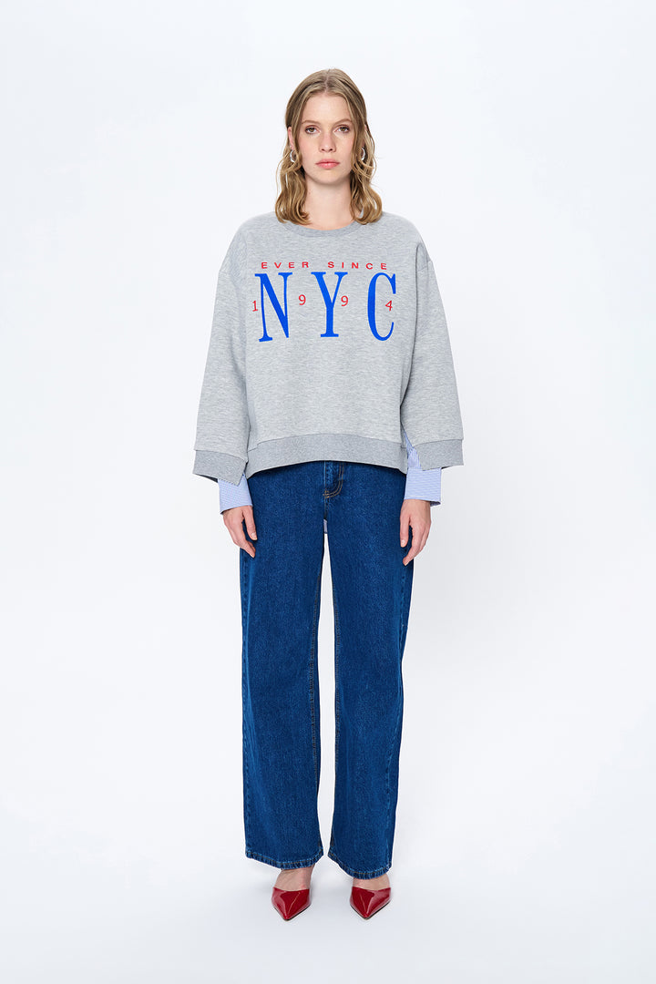 Sırtı Gömlek Matchli Baskılı Sweatshirt Gri