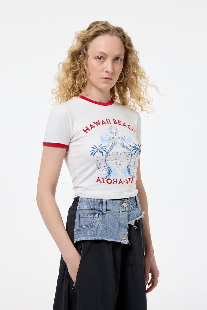 Şeritli Yazı Baskılı Crop Tişört Ekru