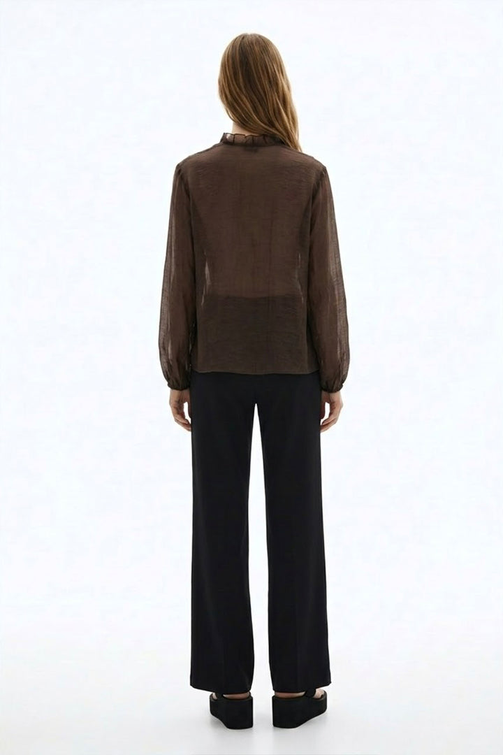 V Yaka Fırfırlı Transparan Bluz Kahverengi