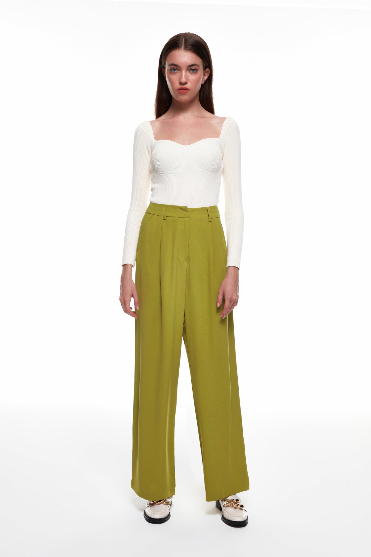 High Waist Wide Leg Fabric Trousers Olive