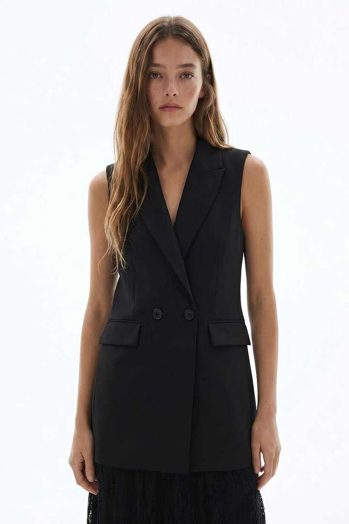 Dantel Etekli Yelek Elbise Siyah