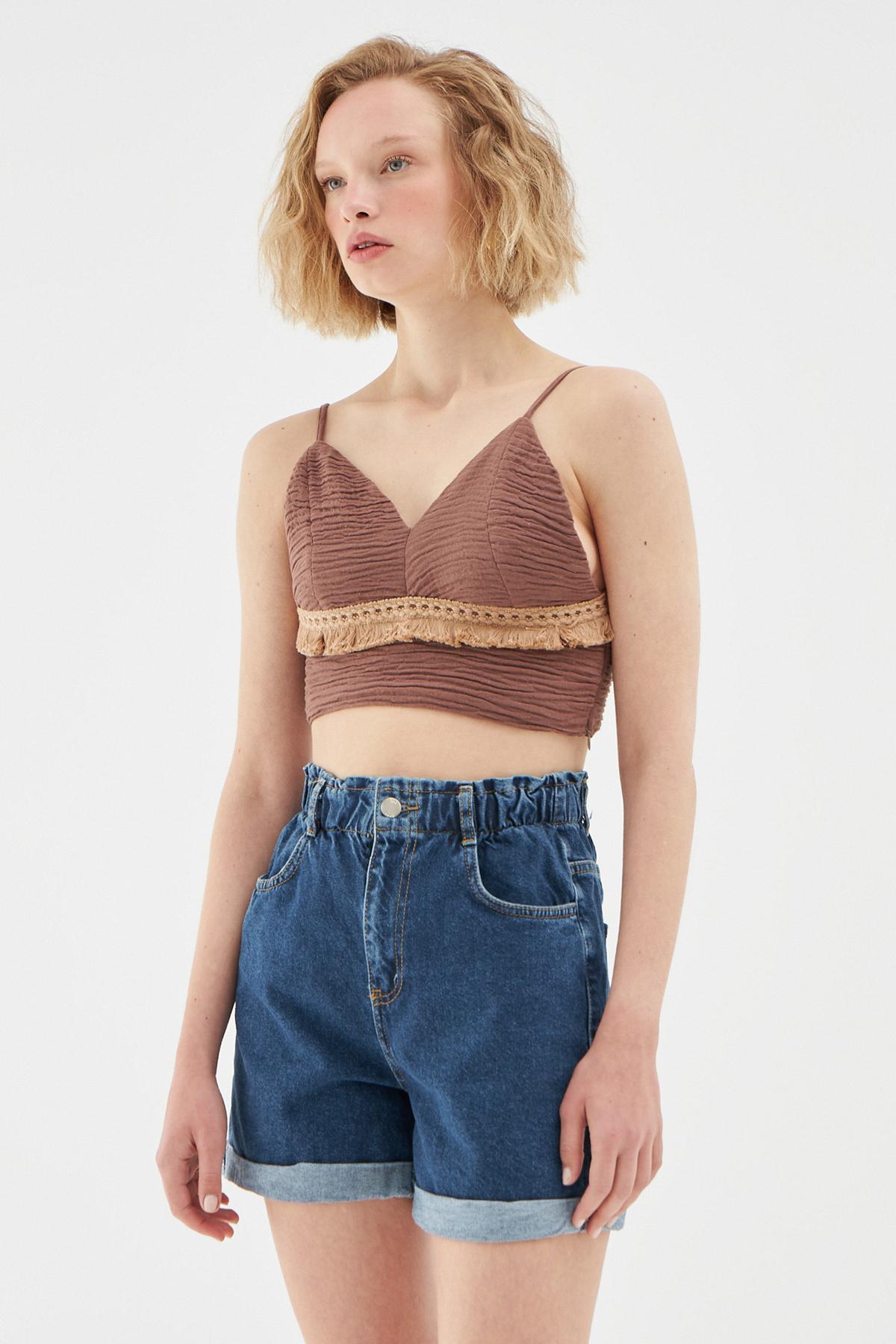 Ruffled Strap Crop Blouse Brown