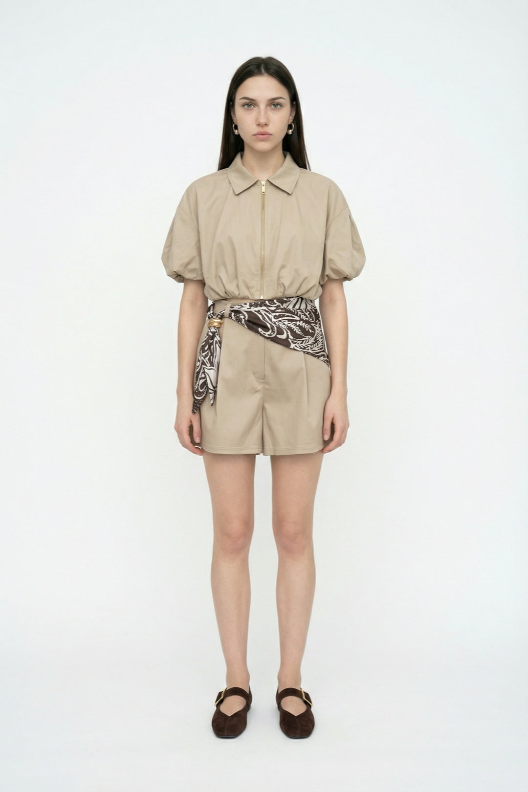 Yüksek Bel Fularlı Mini Şort Bej