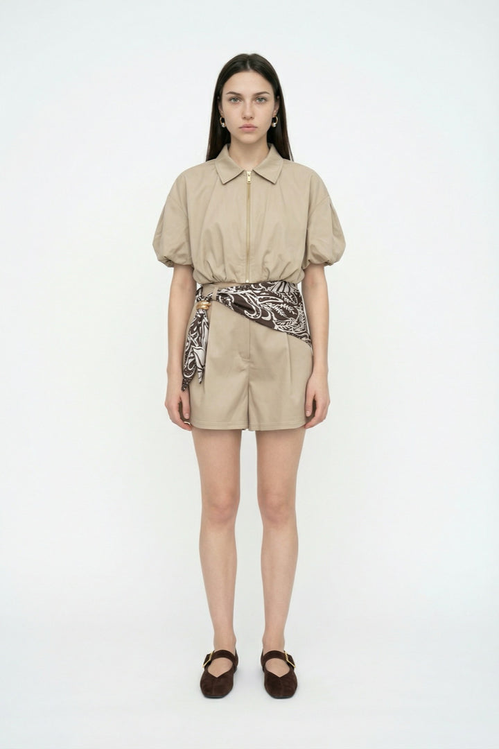 Yüksek Bel Fularlı Mini Şort Bej