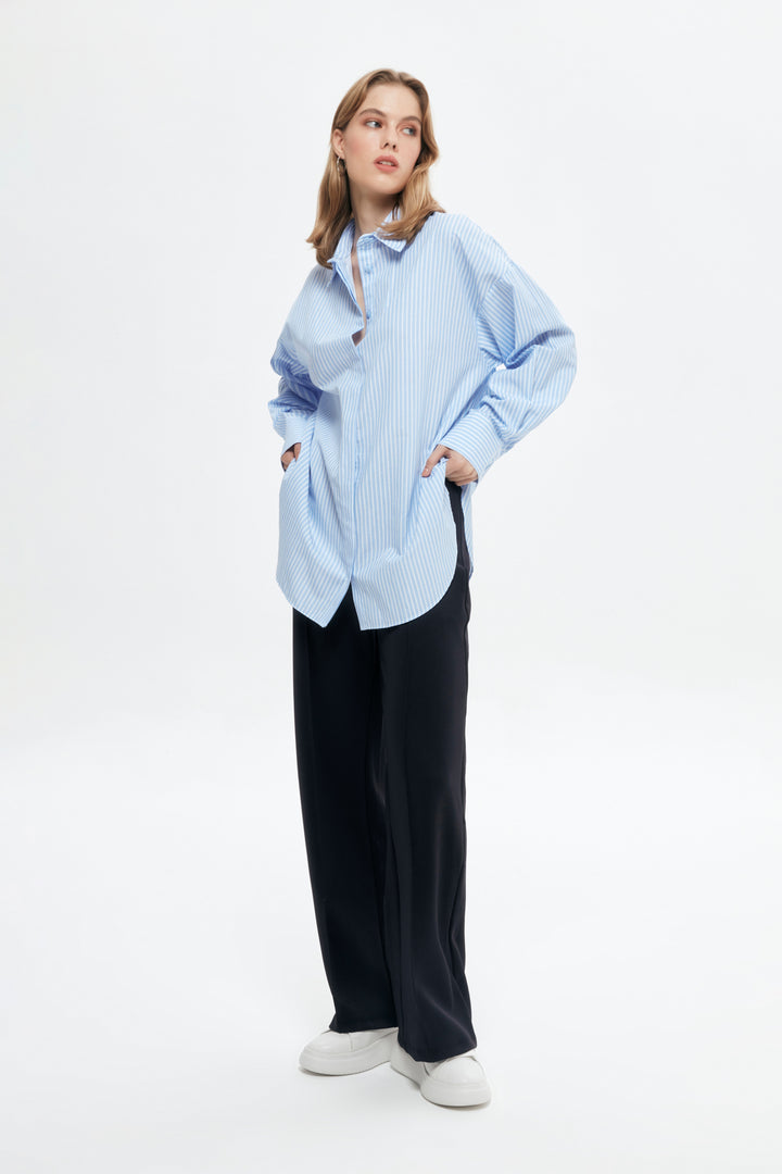 Stripe Detailed Oversize Shirt Blue