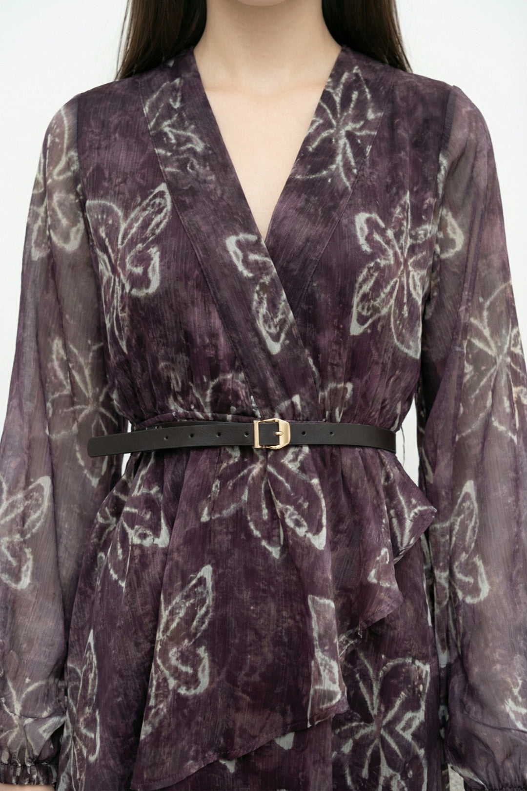 Çiçek Desenli Kemerli Şifon Mini Elbise Kahverengi