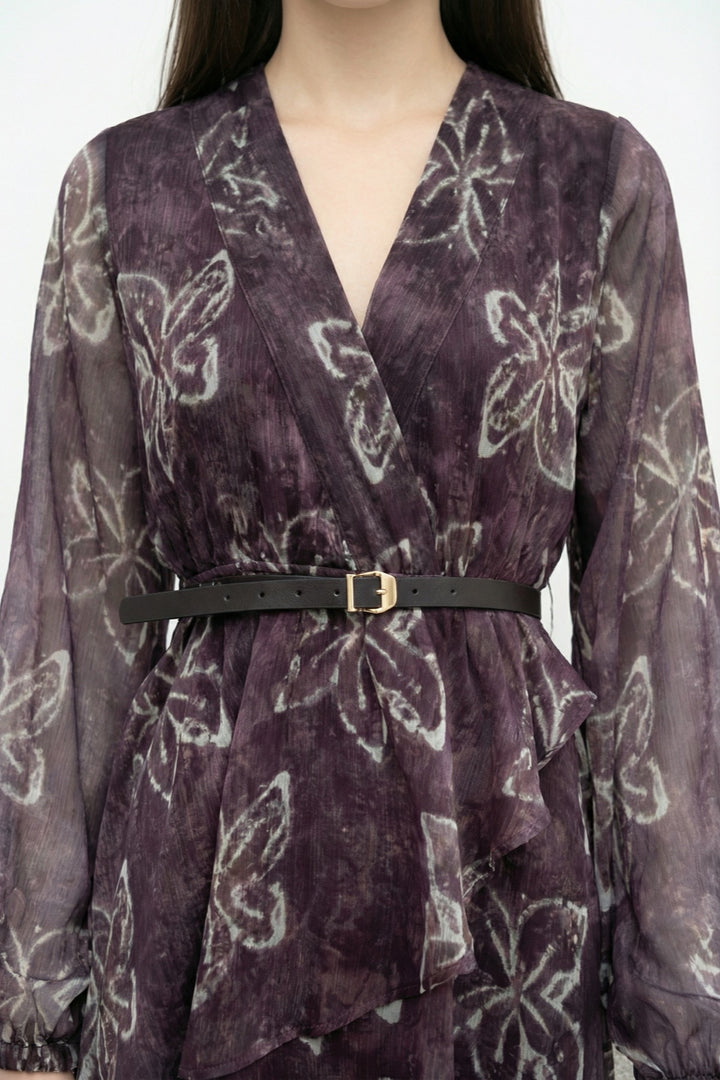 Çiçek Desenli Kemerli Şifon Mini Elbise Kahverengi