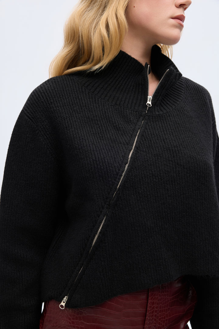 Asimetrik Fermuarlı Triko Kazak Siyah