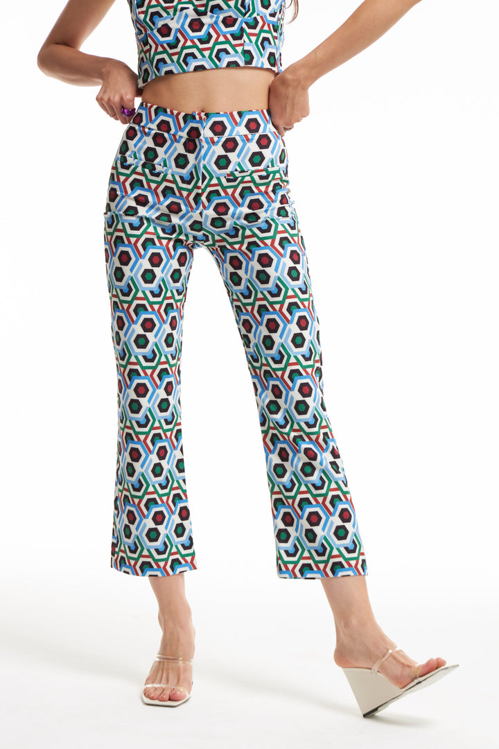 Patterned High Waist Trousers Blue