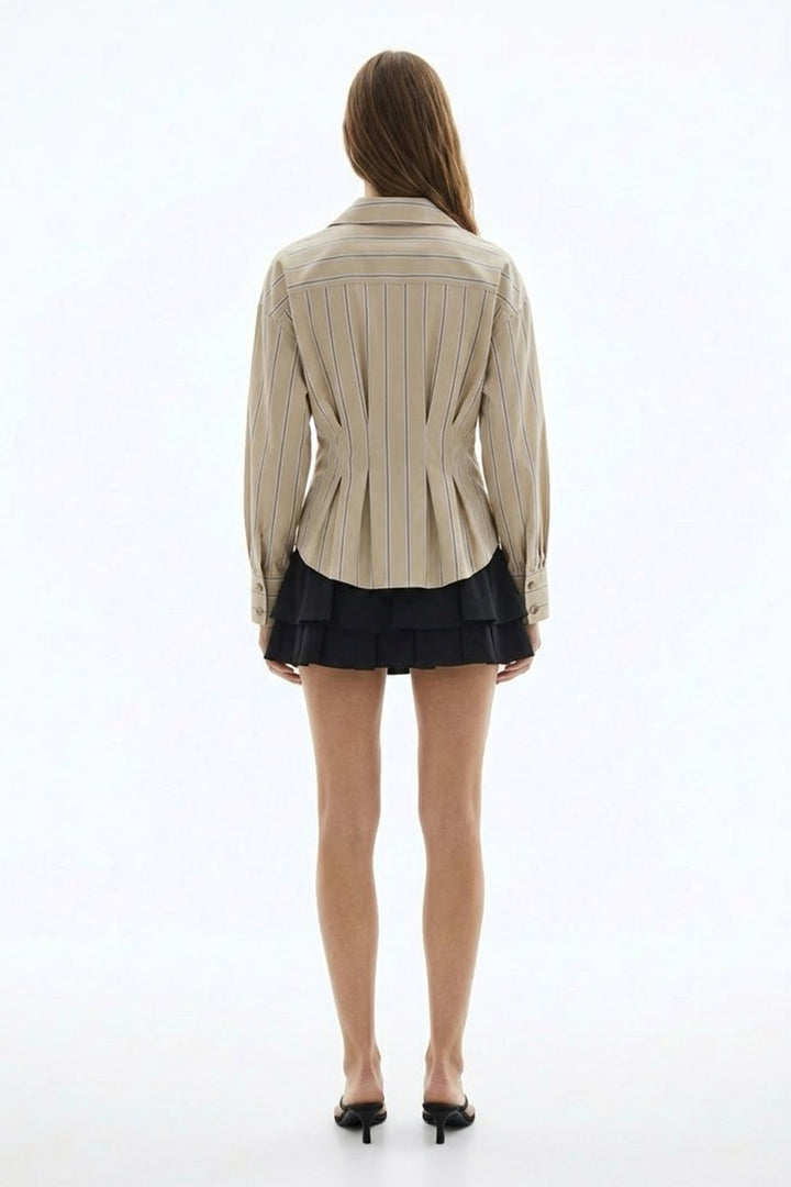 Çizgili Bele Oturan Gömlek Bej