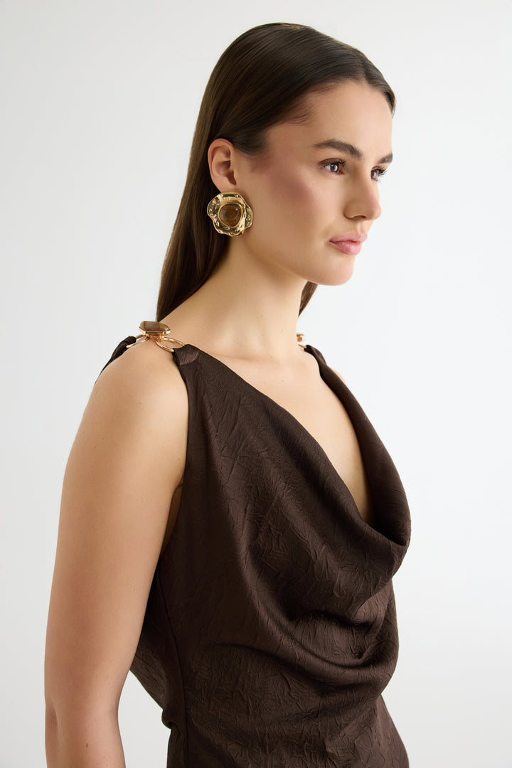 Sırt Bağlamalı Degaje Yaka Midi Elbise Kahverengi