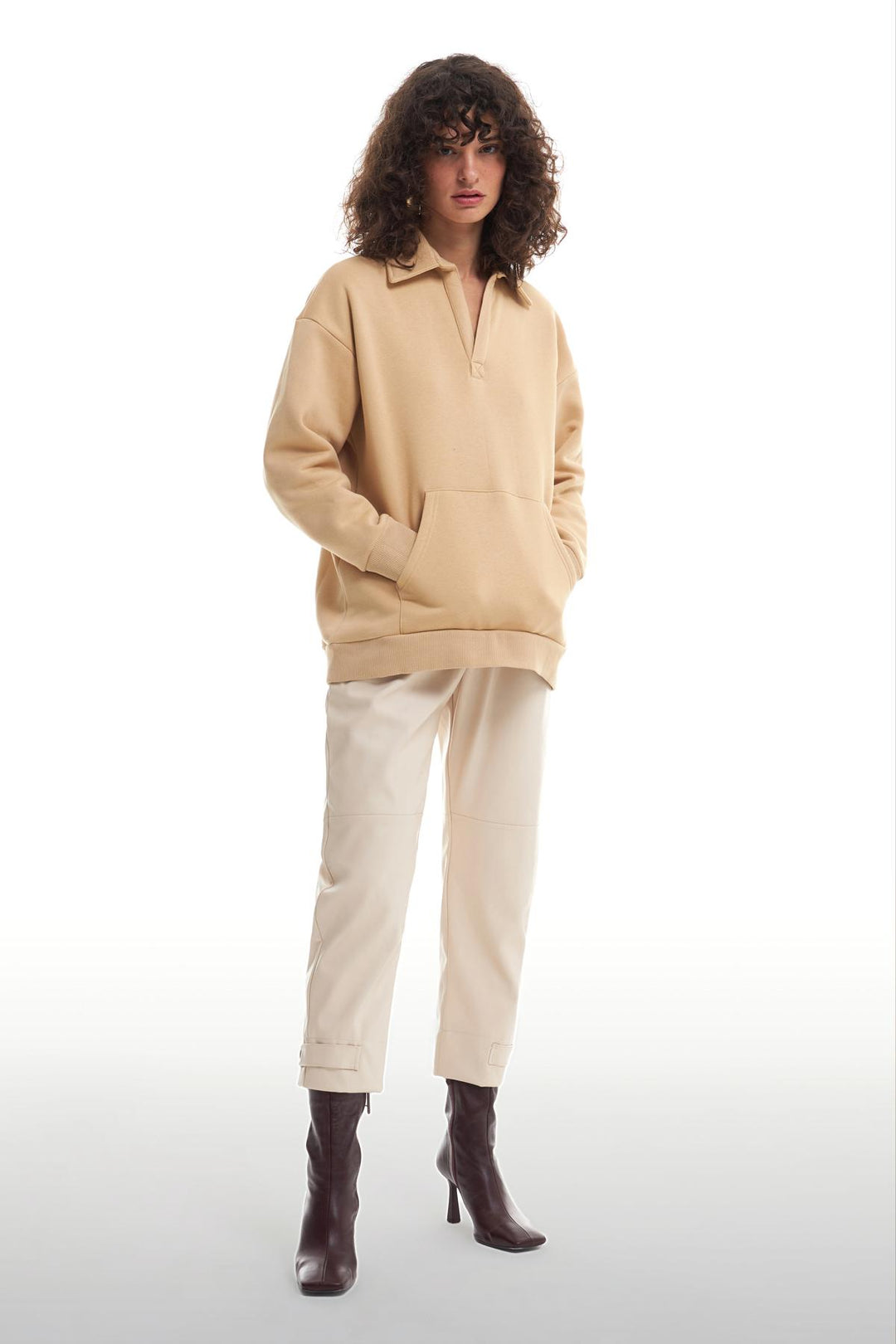 Kangaroo Pocket Polo Neck Sweatshirt Beige