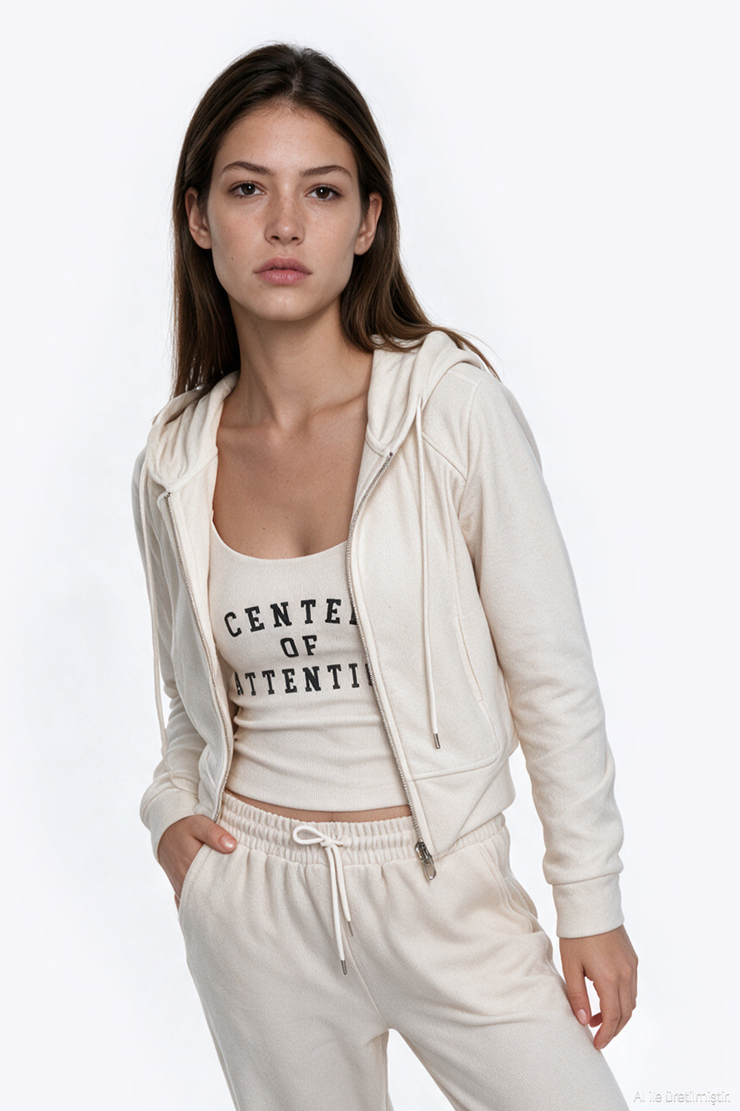 Kapüşonlu Fermuarlı Kısa Sweatshirt Ekru