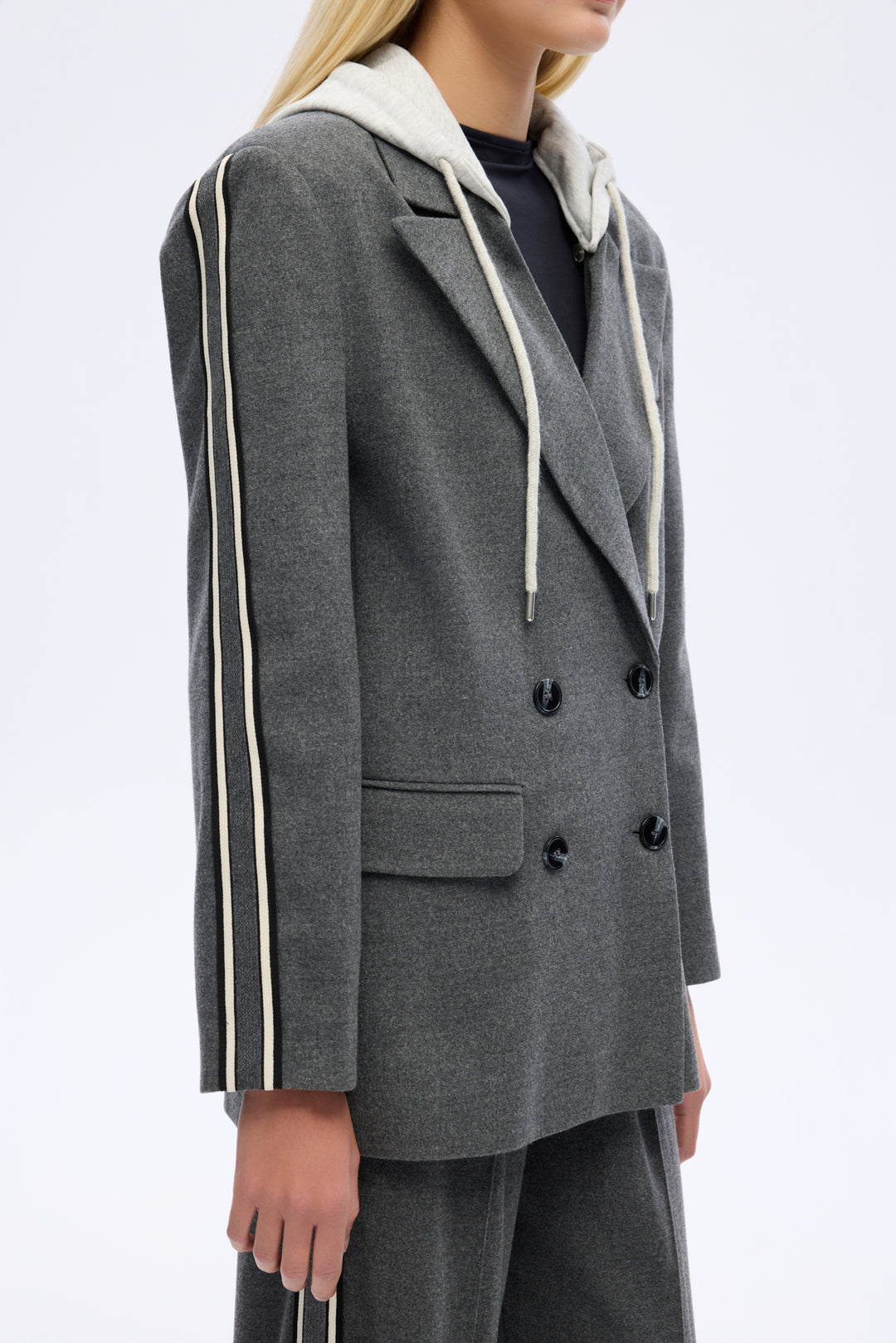 Kapüşonlu Şeritli Oversize Blazer Ceket Koyu Gri