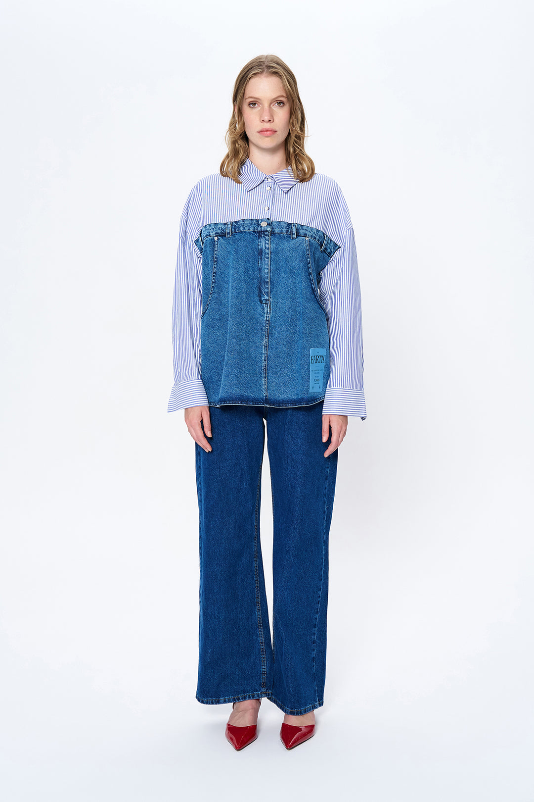 Çizgi Detaylı Denim Gömlek Mavi