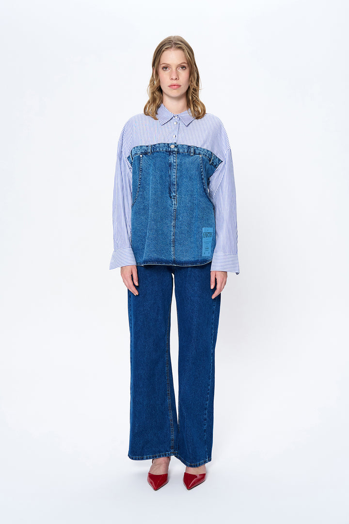 Çizgi Detaylı Denim Gömlek Mavi