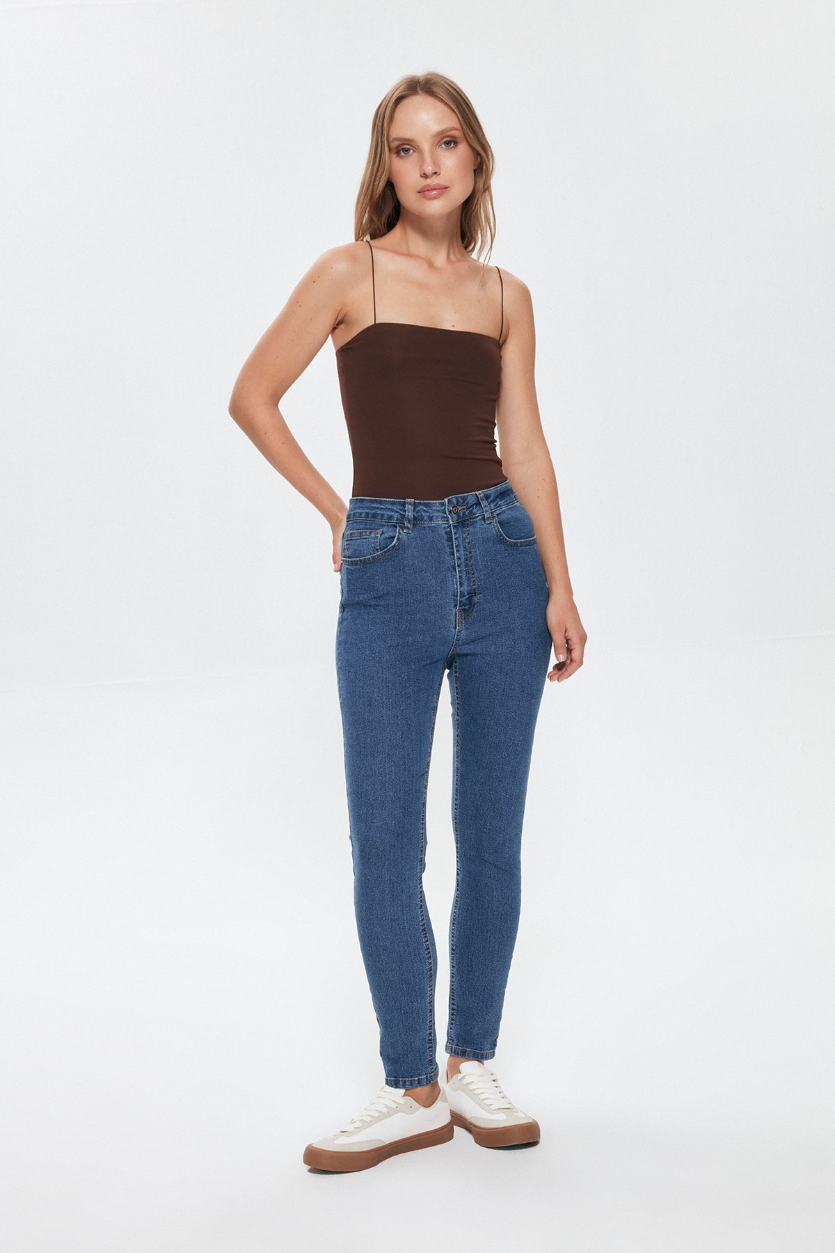 High Waist Slim Leg Jeans Trousers Blue