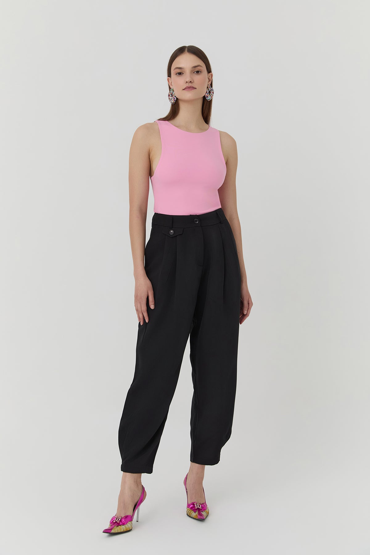 Button Detailed High Waist Trousers Black