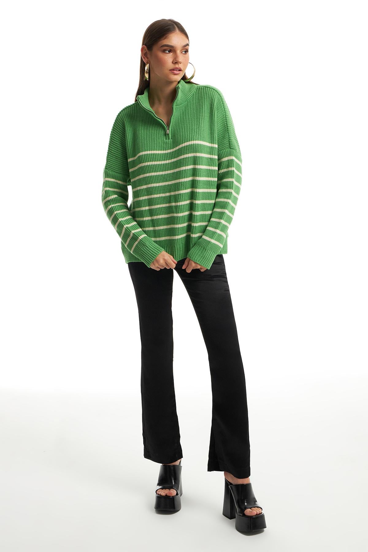 Zipper Striped Sweater Green