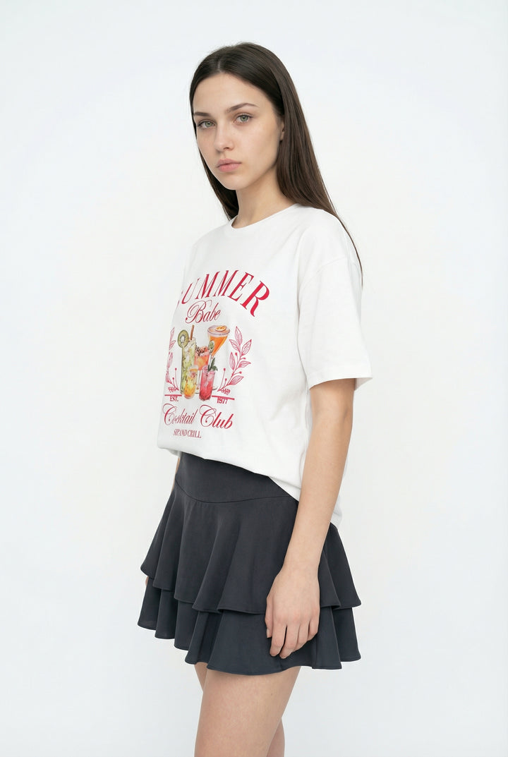 Summer Babe Baskılı Oversize Tişört Ekru